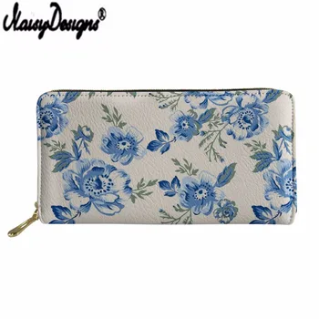 

NOISYDESIGNS PU Leather Trendy Woman Wallets Blue flowers Luxury Designers Ladies Credit Card Holder Purse Money Bags Customzied
