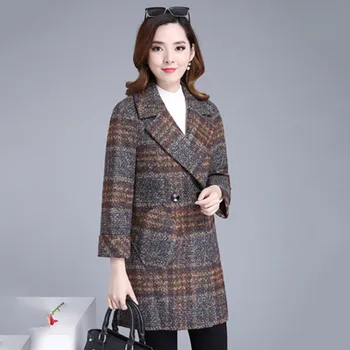 

Autumn Winter Outerwear Women Large size Wool Coat Casual Plaid Coats Double-breasted Fashion Lapel Autumn Female Jacket FC49