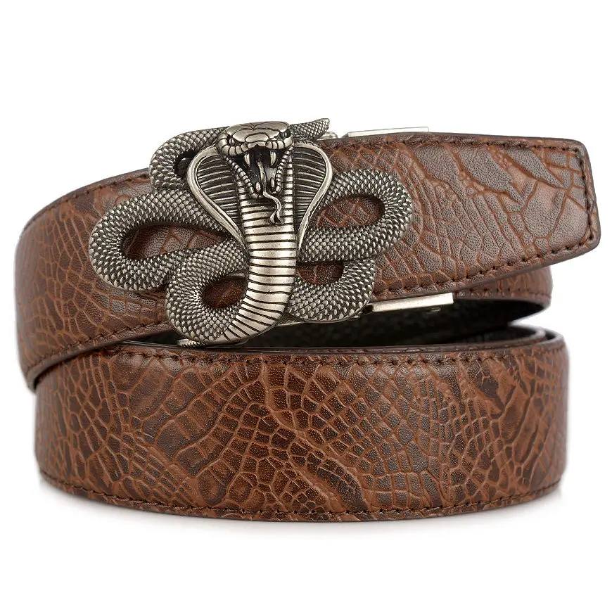 brown sliver buckle Стиль, мужские ремни из натуральной кожи высокого качества, мужские ремни, ремень, Мужской Ретро Кобра, автоматический ремень с пряжкой для мужчин - Цвет: brown sliver buckle