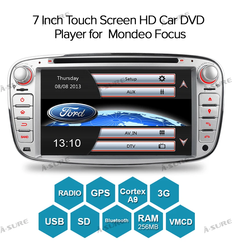 Discount A-Sure 7" Car Auto Radio GPS Player DVD Navigation For Ford Mondeo Focus Galaxy S-Max C-Max Kuga Rear USB Port & Dual DAB+ 5