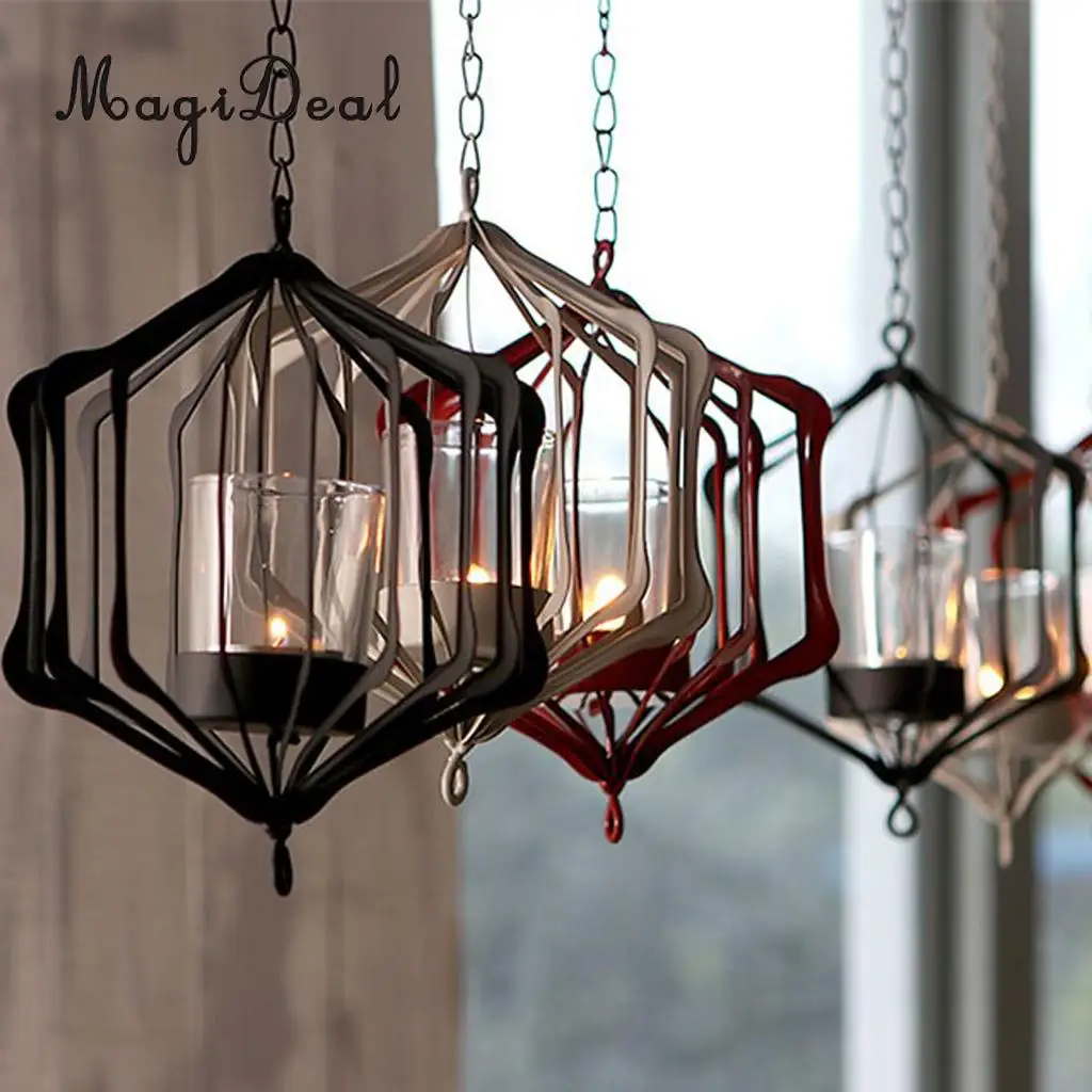 MagiDeal Wire Hanging Chain Hollow Vintage Geometric Tealight Candle Holder Mood Light Candleholder Candlestick Lantern Case