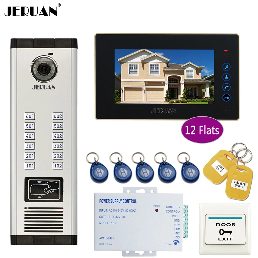 JERUAN Apartment 7 Inch LCD Monitor 700TVL Camera Video Door Phone Intercom Access Home Gate Entry Security Kit for 12 Families