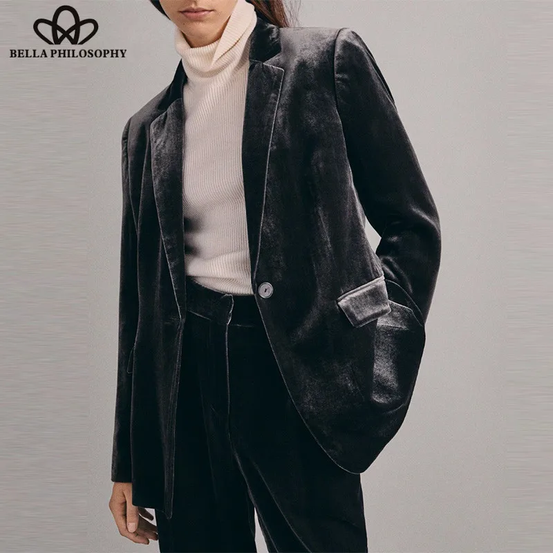 Wonder 2018 new autumn Long Sleeve Velvet Blazer Vintage Single Button Female Blazer Solid Retro Lady Fashion Pockets Outwears