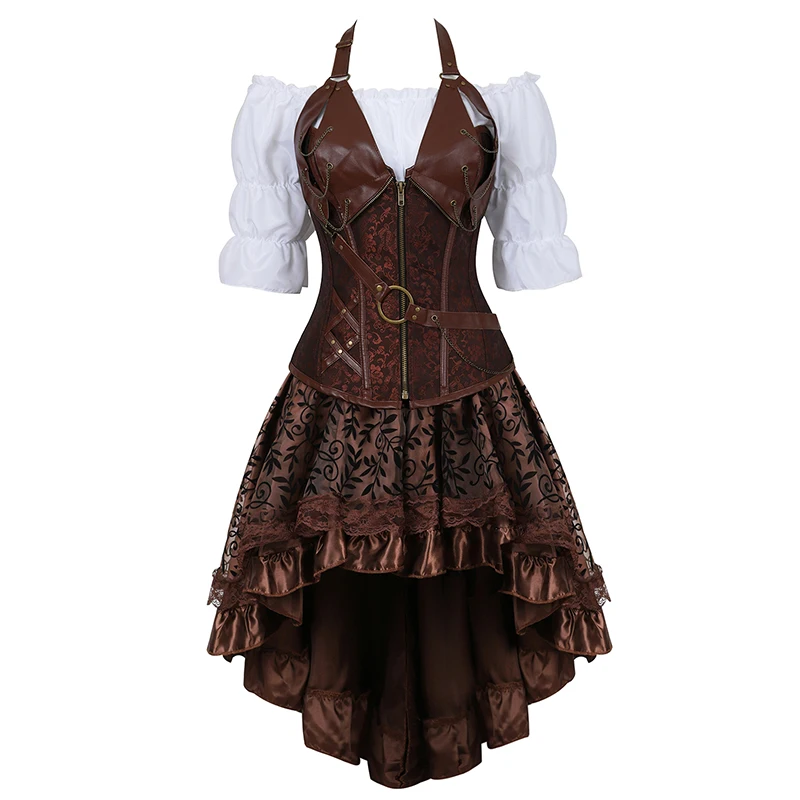 Ceny Steampunk gorset gorset plus rozmiar 6XL PU skórzana spódniczka do gorsetu topy 3 sztuka zestaw Gothic burleska pirat 2019 New Arrival 8105 3