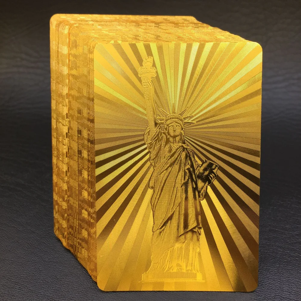 Washable 24K Golden Statue Of Liberty Playing Cards 54pcs PVC Waterproof Poker Game Deck Plastic Gold Plated Foil Poker Card Set (4)