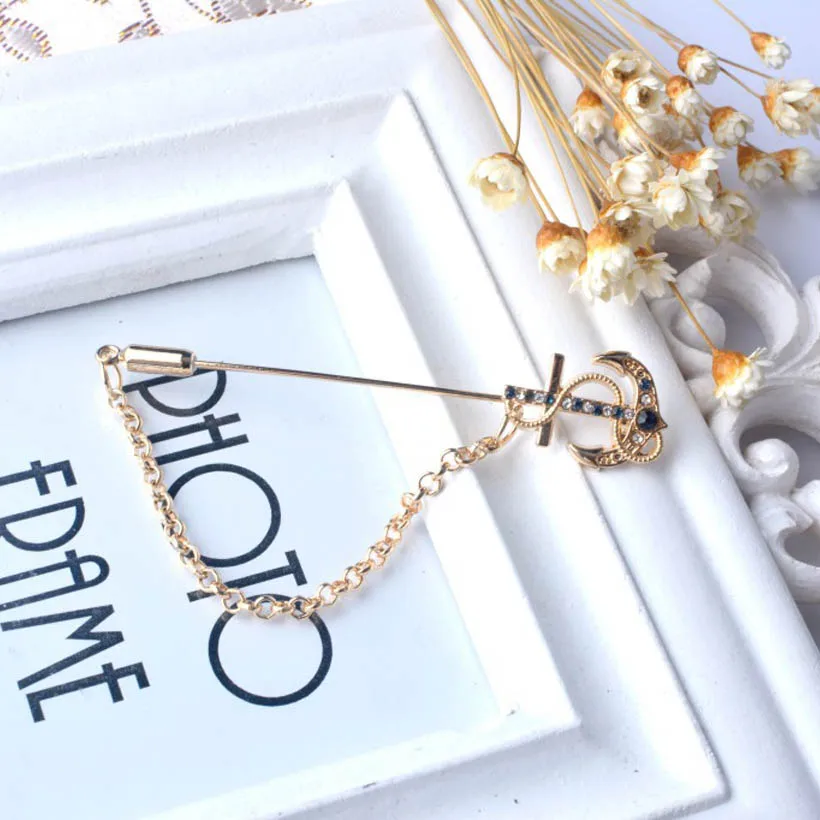 2017 Fashion Jewelry Gold Chain Broches Metal Anchor Crystal Brooch