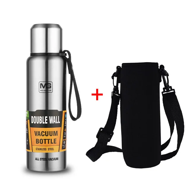 UPORS Large Capacity Stainless Steel Thermos Portable Vacuum Flask Insulated Tumbler with Rope Thermo Bottle 500/700/1000/1500ml Silver with bag