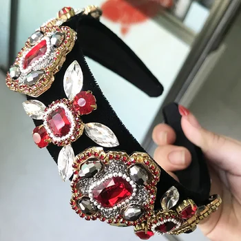 

4cm Wide Headband New Crown Tiara, Baroque Crown Full Rhinestone Handmade Hair Bands Red Crystal Velvet Wedding Hair Jewelry