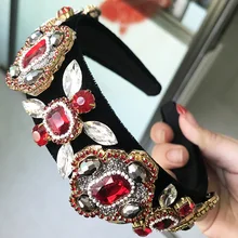 4cm Wide Headband New Crown Tiara, Baroque Full Rhinestone Handmade Hair Bands Red Crystal Velvet Wedding Jewelry