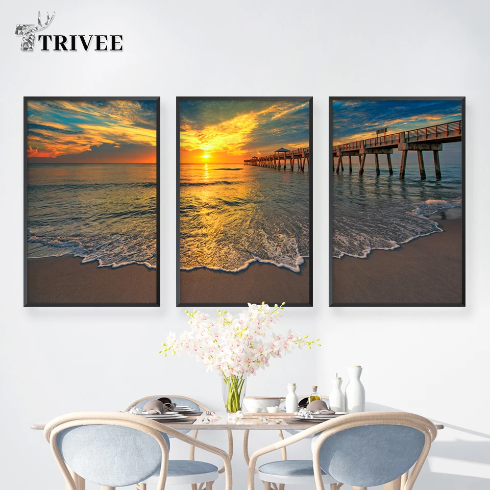 

Sunset Landscape Canvas Poster Natural Sea Beach Painting Panorama Scandinavian Wall Art Picture for Living Room Office Decor