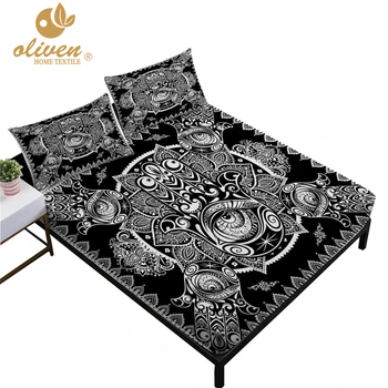 

Tribal Hamsa Hand Print Sheets Set Colorful Animal Elephant Painting Fitted Sheet Exotic Bed Linens Pillowcase 4pcs Home Decor