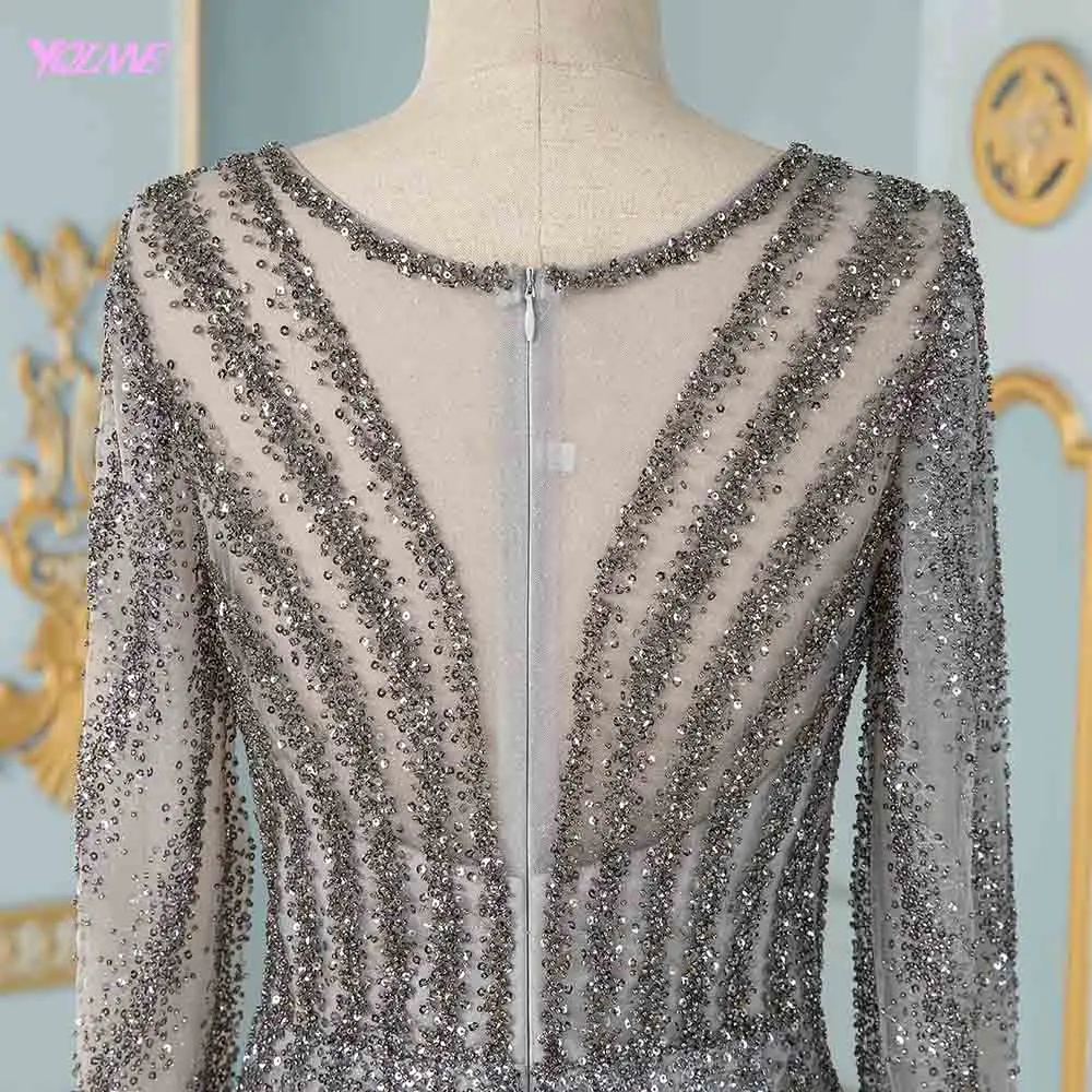 Elegant Full Sleeve Evening Dresses Long Gray Tulle Beading Mermaid Formal Women Party Dress Elegant Full Sleeve Evening Dresses Long Gray Tulle Beading Mermaid Formal Women Party Dress