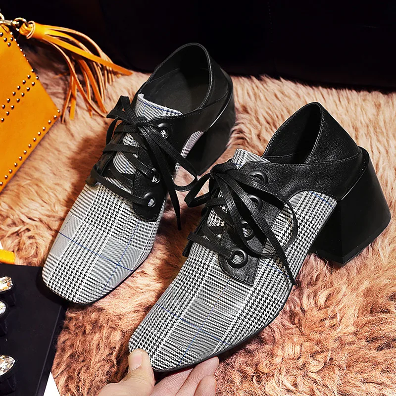Cuir Véritable Chunky Talon Automne Réel Plaid Femme Haute Bloc Taille Plus Carré Noir Up Chaussures 2018 Ymechic 42 Dentelle Dame Pompes Bout En P8Y6n