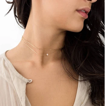 

KBJW simple two layer chain layered choker adjustable pearl charm handmade necklace short collar summery jewelry for women 2017