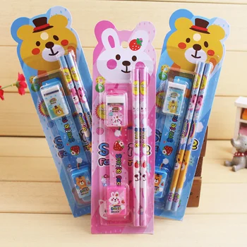 

5 Pcs/set Hot Bear Rabbit Pencil Sharpener Rubber Stationery Set Cute Kawaii Supplies Suit Student Stationery For Girl And Boy