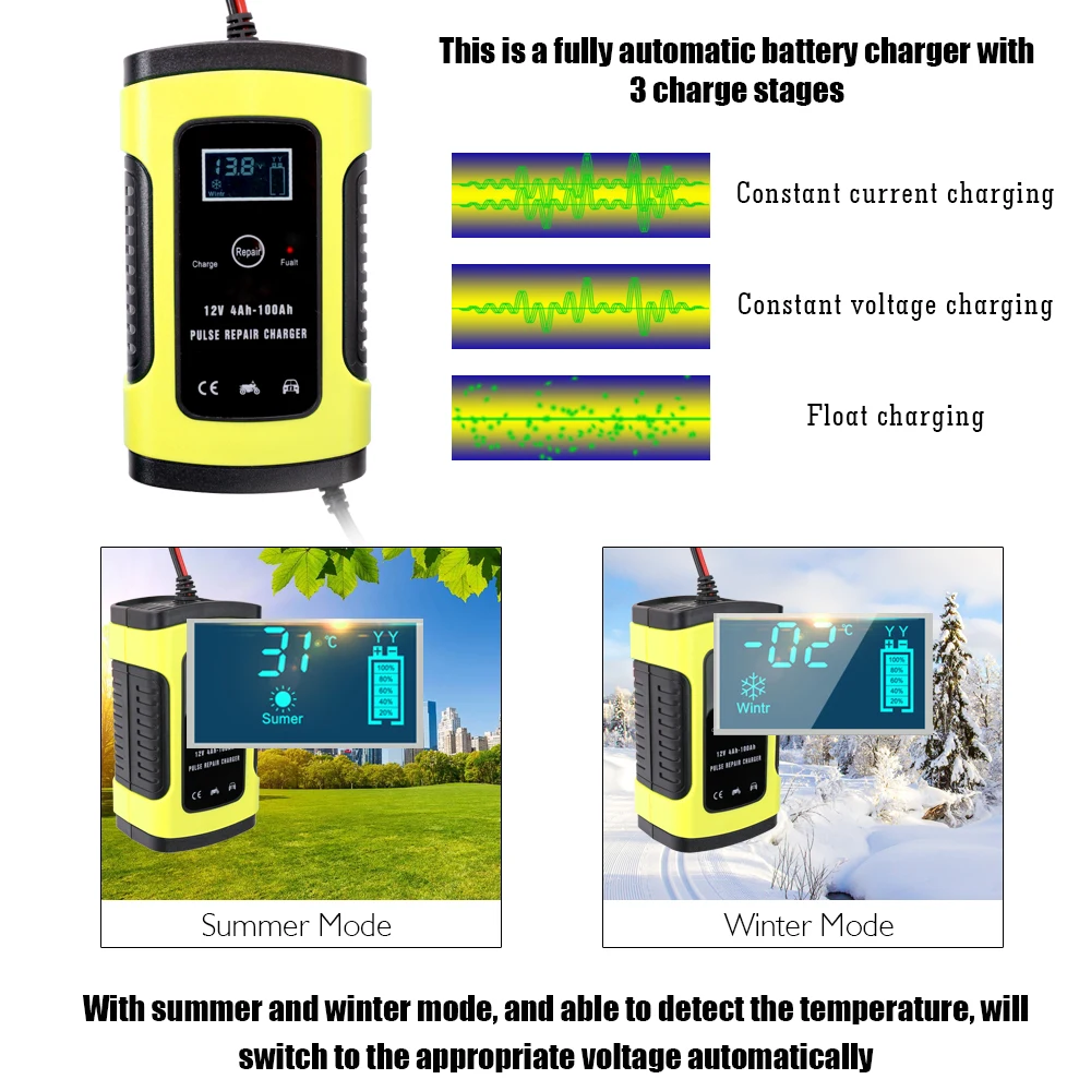12V 6A chargeur de batterie de voiture entièrement automatique chargeurs de réparation d'impulsion de puissance batterie au plomb sèche humide-chargeurs affichage LCD numérique