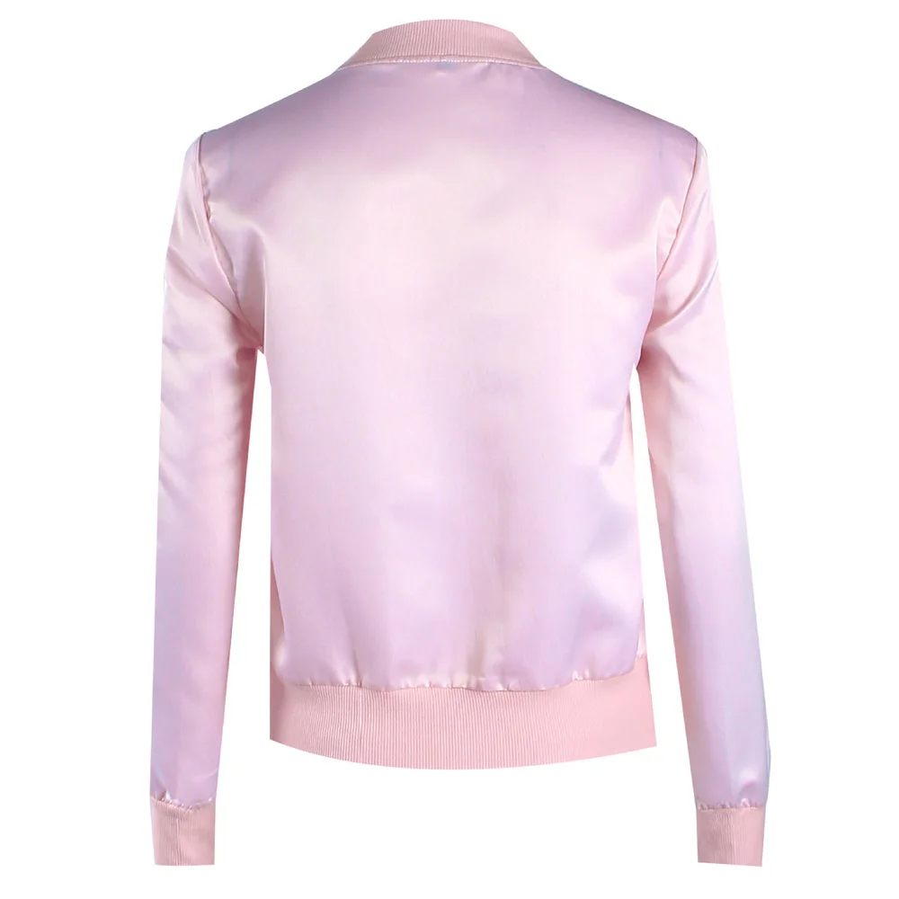 Cute Girls Pink Zipper Bomber Jacket Women Basic Coats Ladies Satin Winter Coat Top Long Sleeve Stretchy Surcoat Outwear S-XXL