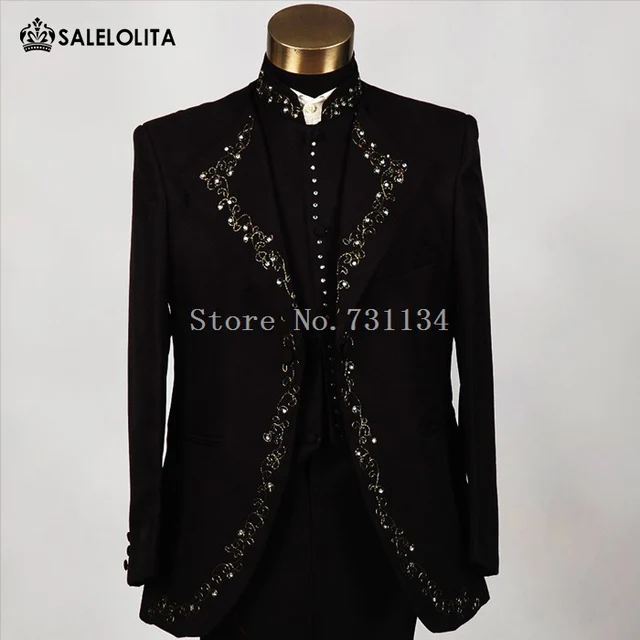 Fashion Plus Size Men Diamonds Black Suits Bridegroom Groomsman Wedding Costumes Singer Compere