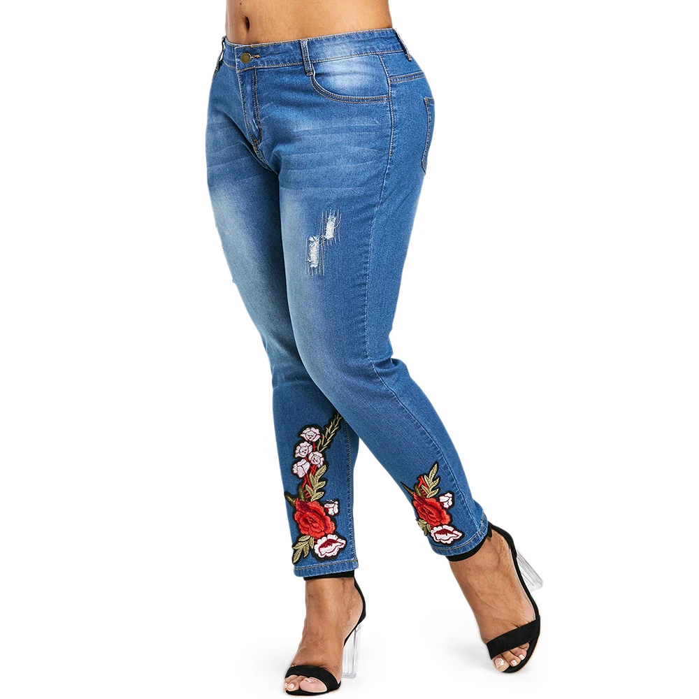 Pantalones Tamaño Bordada Dark Blue La Denim Wipalo Jeans Lápiz Ropa Femme Gran Plus Mujeres 2018 Cremallera Damas Floral De Bordado 5xl AFPw4B