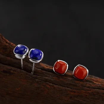 

Silver S925 Pure Silver Square Natural Red Agate Lapis Lazuli