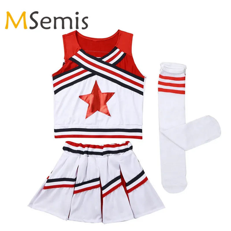 

Girls Cheerleader Costume Kids Tops Gymnastics Dress Star Applique Tops with Skirt Ballet Socks Dancewear Set for Carnival Party