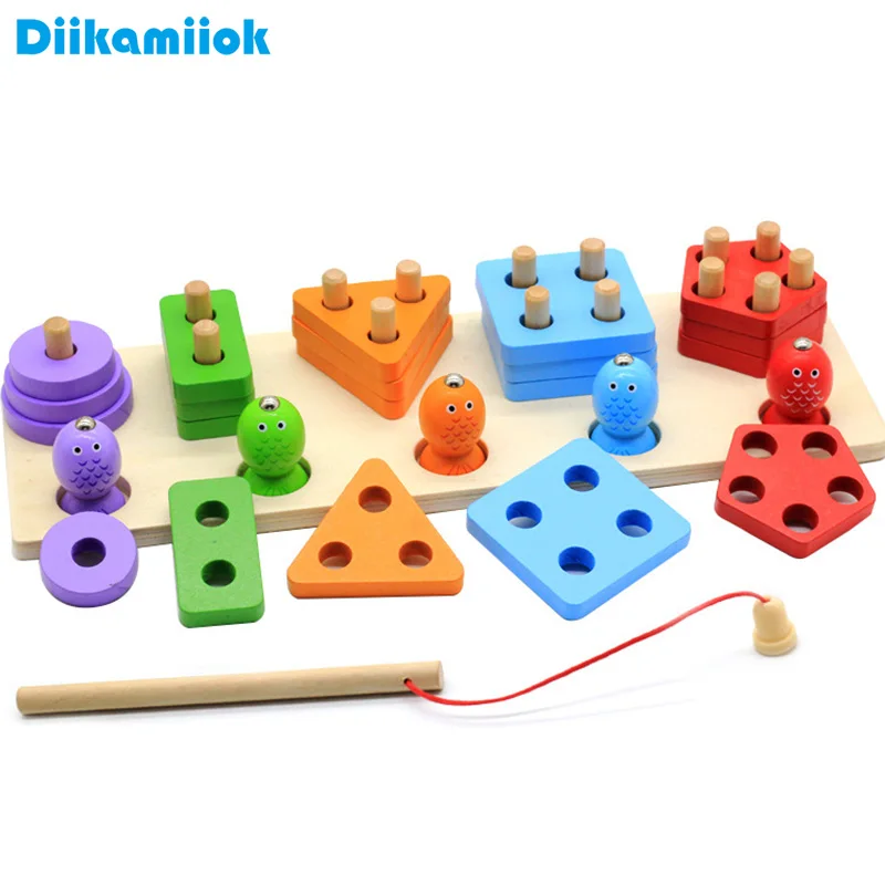 

Fishing Game Geometry and Color Learning Five Sets of Columns Wooden Toys for Children Building Toy Baby Education Puzzle Board
