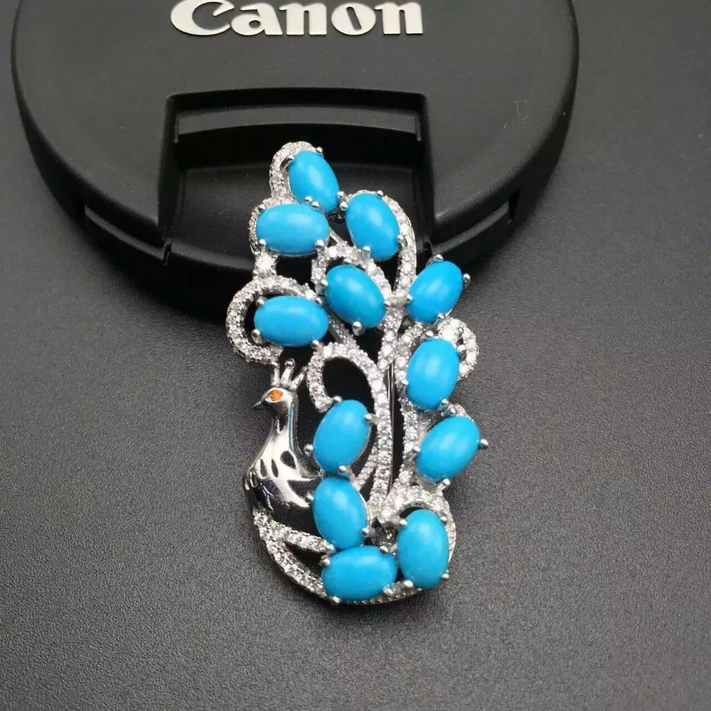 Natural green turquoise brooch S925 silver Natural gemstone brooch