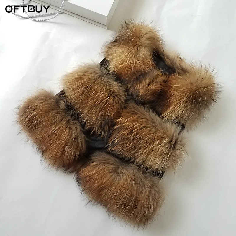 OFTBUY, повседневный меховой жилет, зимняя куртка, пальто для женщин, натуральный мех енота, женский жилет, теплый толстый короткий жилет, женская уличная одежда
