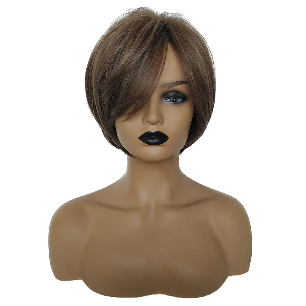

10In Real Natural Short Straight Party Wigs Brown Synthetic Bob Hair Cosplay Party Costume Wig with Side Bangs & Free Cap