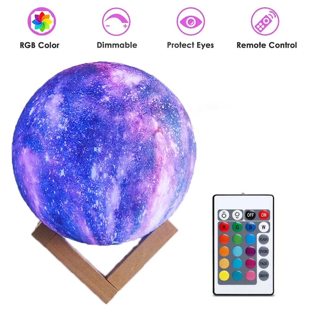 

USB Rechargeable 3D Printing Starry Moon Light Remote Control Galaxy Moon Lamp RGB Colorful Change Night Light Home Decor Gift