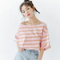 Harajuku Kawaii розовый полосатый летний топ футболка Для женщин Корейская Мода с плеча топы для Для женщин школьница футболка одежда