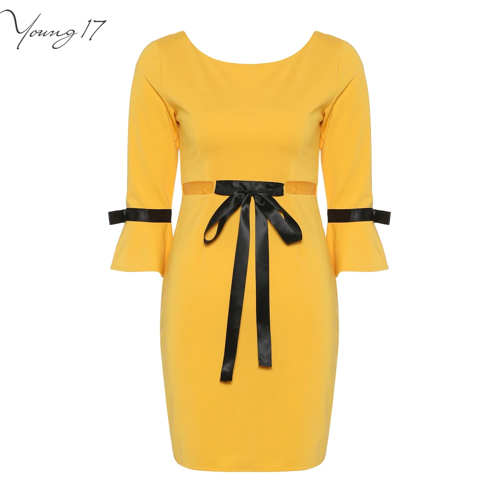 Young17 Women Vintage Yellow Mini Dress Black Ribbon Belt Bow Ruffle