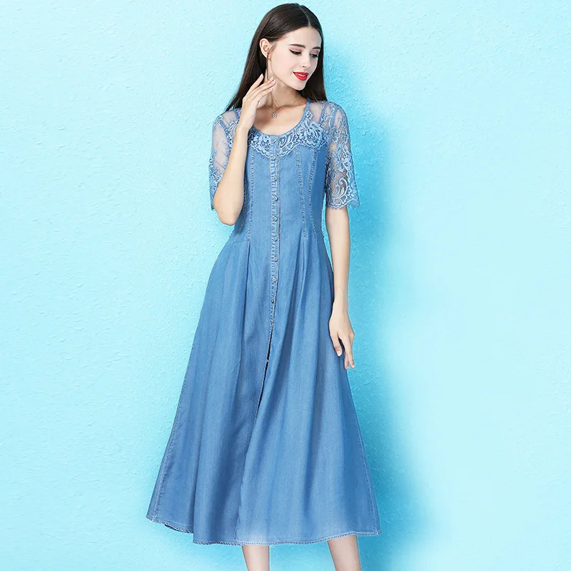 Blauw kant jeans jurk tube maxi plus size vrouwen denim tencel lange casual shirt jurken 2019 zomer Bohemen fem me sexy grote schommel Blauw kant jeans jurk tube maxi plus size vrouwen denim tencel lange casual shirt jurken 2019 zomer Bohemen fem me sexy grote schommel