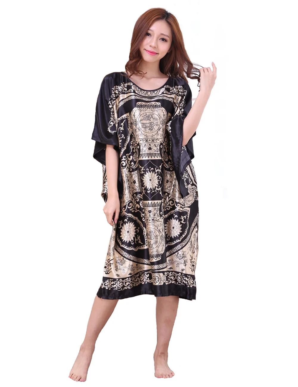 BLACK Loose Women's Faux Silk Robe New Fashion Style Summer Lady Bath