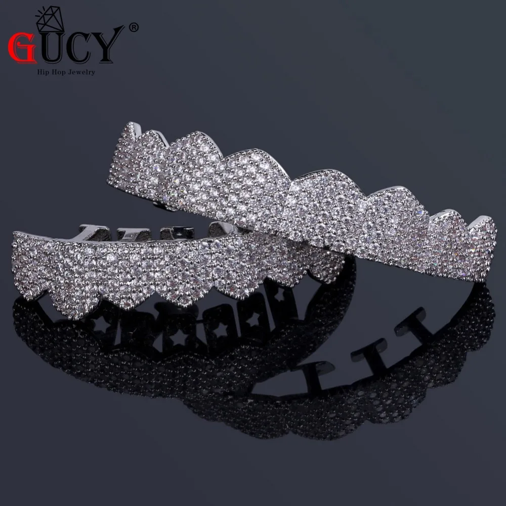 GUCY Custom Fit цвета: золотистый, серебристый все льдом хип-хоп ЗУБЫ Grillz микро Pave кубический циркон восемь верхних и нижних зубов грили набор