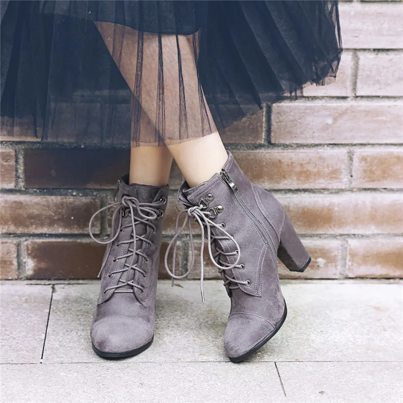 

YMECHIC 2017 Gray Black Womens Winter Ankle Cross Lace Up Boots Female Ladys Square High Heel Flock Short Boot Plus Size Shoes
