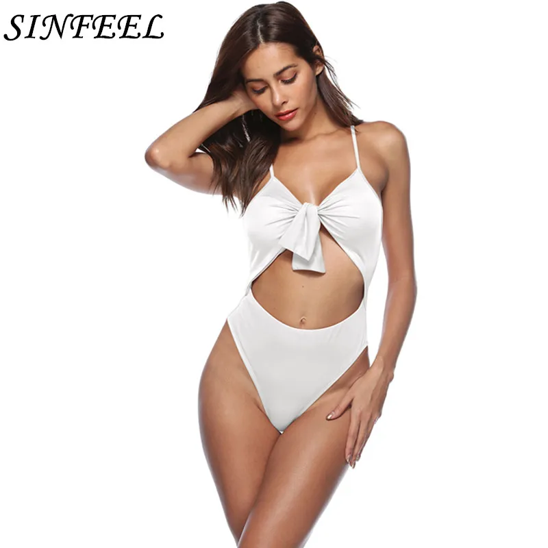 

SINFEEL Deep V neck Summer Bodysuit Women Bow Sleeveless White Crop Tops Sexy jumpsuit Romper Beach Swimwear Female Bodysuits