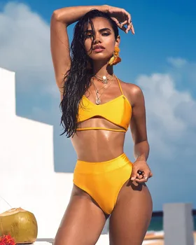 

Yellow Brazilian Bikini Female Swimsuit 2019 Women Swimwear Two-pieces Bikini set Halter Bather Bathing Suit Monokini Maillot