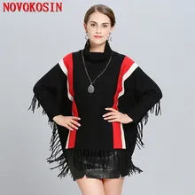 SC219 Women High Neck Cape Patchwork Black Red Striped Loose Poncho 2018 Winter Knitted Bat Sleeves Sweater Tassel Pullover Coat black chiffon loose bat sleeves cape shawl top