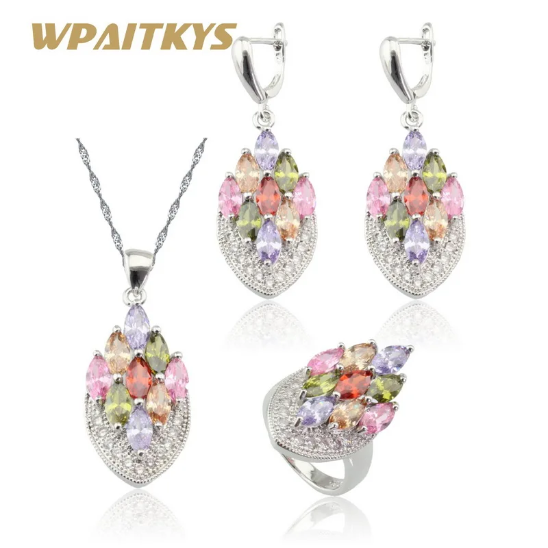 

Ashley Multicolor Stones Cubic Zirconia Silver Color Jewelry Sets For Women Necklace Pendant Earrings Rings Free Gift Box
