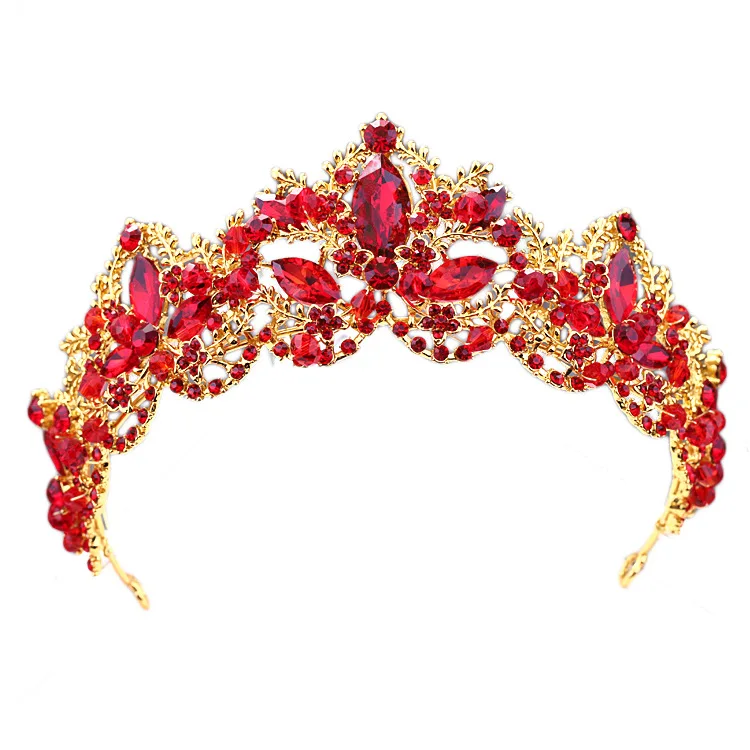 KMVEXO Fashion Baroque Luxury Red Crystal Bridal Crown Tiara Vintage Gold Diadem Tiaras for Women B