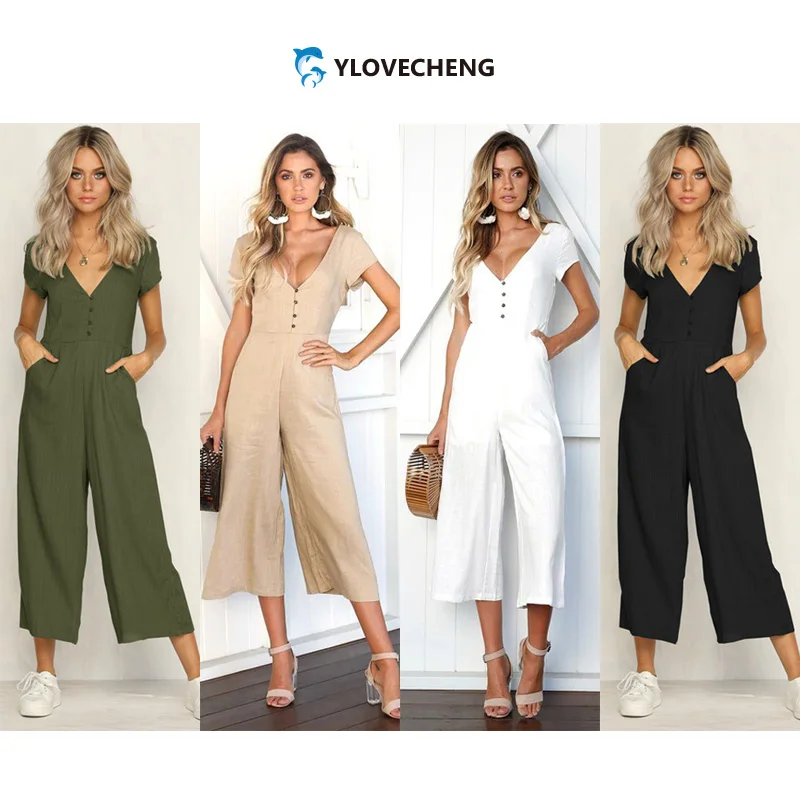V-neck fashion jumpsuit Low-cut casual jumpsuit Fashion button jumpsuit Popular women's clothing