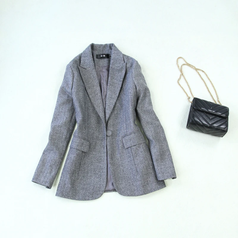 Women's suits 2019 autumn and winter new large size gray herringbone long-sleeved slim suit high waist wide leg pants suit
