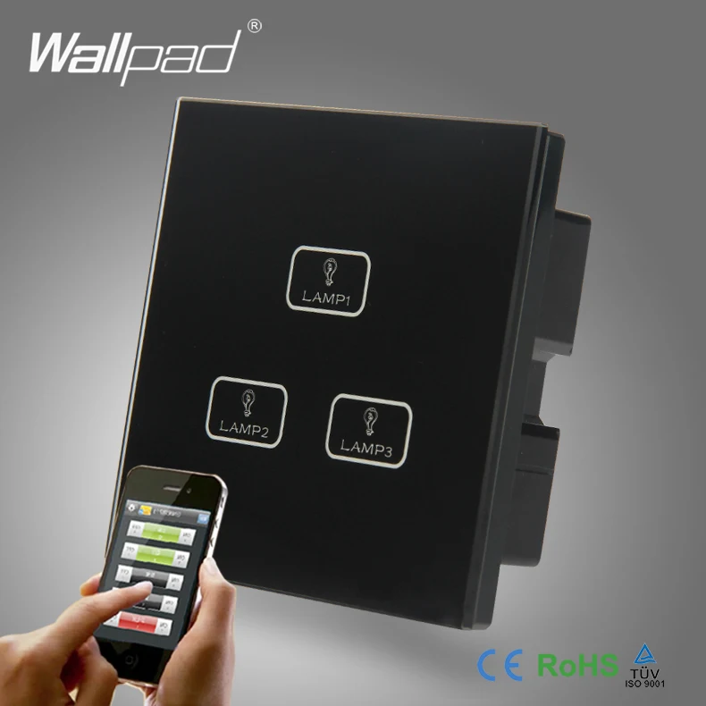 ФОТО Best Quality 3 Gang Gateway WIFI Switch Wallpad Black Crystal Glass Android/ISO Phone WIFI 3 Gang Controlled Light Switch