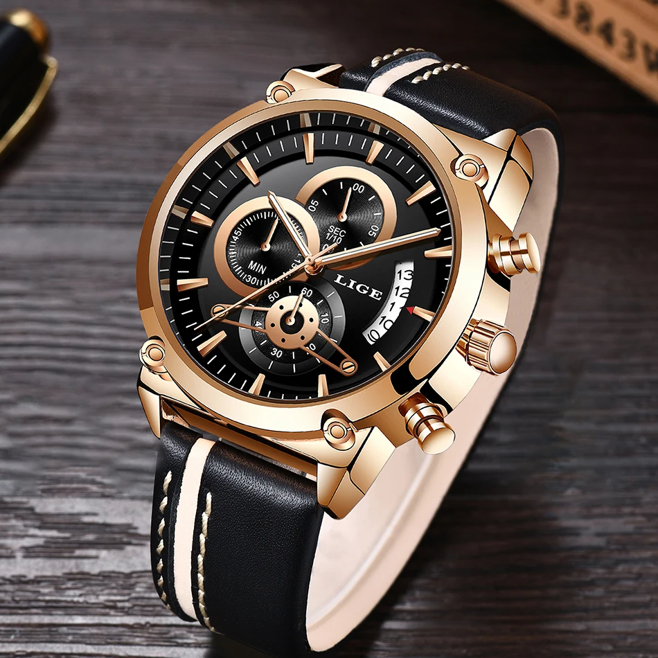Reloj Hombre LIGE новые мужские синие золотые мужские наручные часы повседневные кожаные аналоговые кварцевые часы для мужчин Военный Спортивный Хронограф