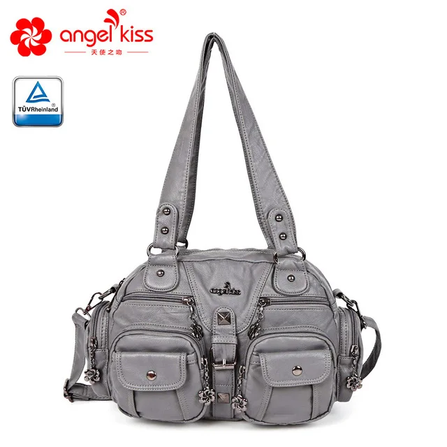 Hot Selling Large Double Zipper Multi Pocket Shoulder Bags Washed PU Leather Purses Tote Bags Women Handbags for Ladies