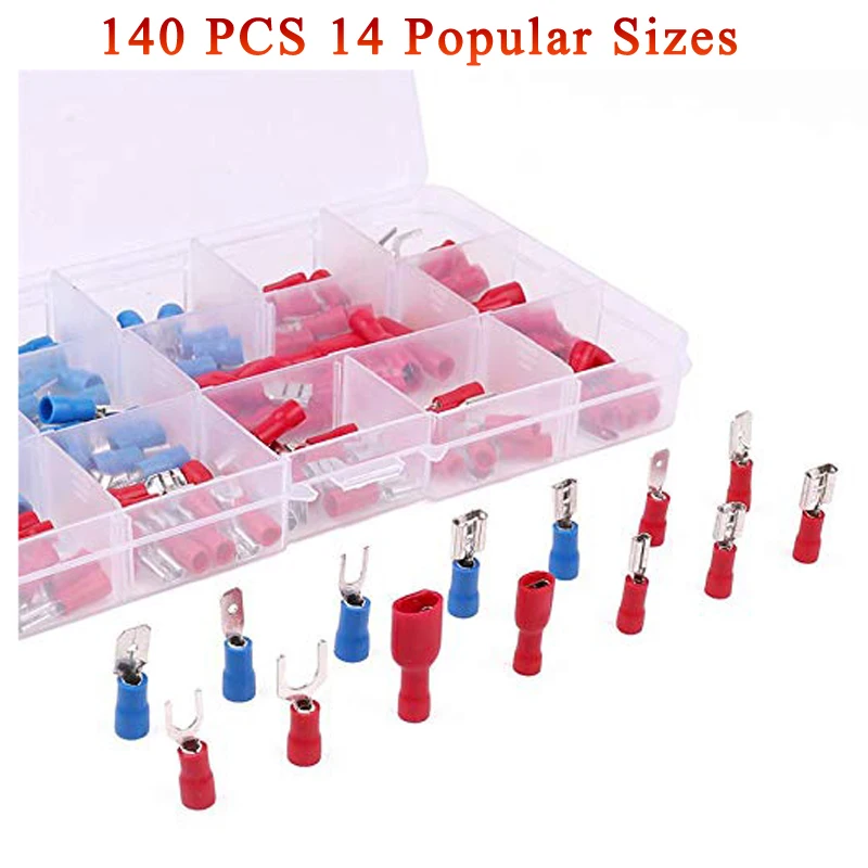 

140 Electrical Crimp Ring Spade Connectors/Insulated Wire Terminals Set Electrical Crimp Terminal Cord Wire End Terminal Block