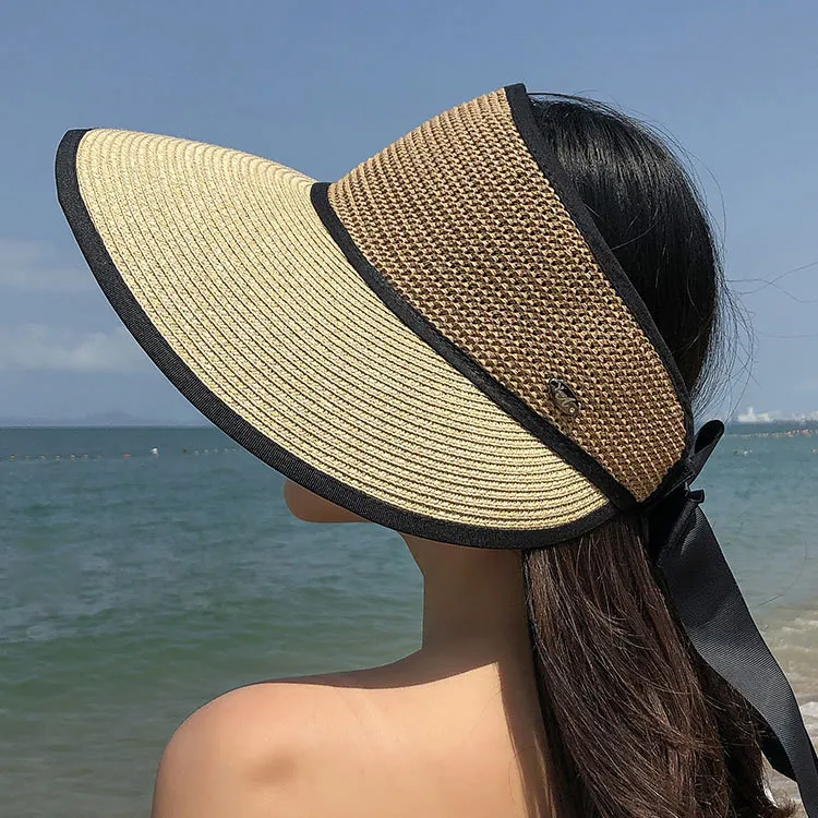 Женские шляпы от солнца, летняя соломенная шляпа с козырьком, Повседневная Складная однотонная летняя пляжная шляпа с широкими полями T424
