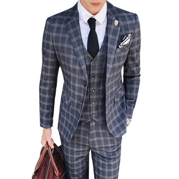 

2019 Fashion Vintage Plaid Suits 3 Piece Tweed Suits Mens Grey Blue Suits Male Wedding Costume Slim Fit Suits