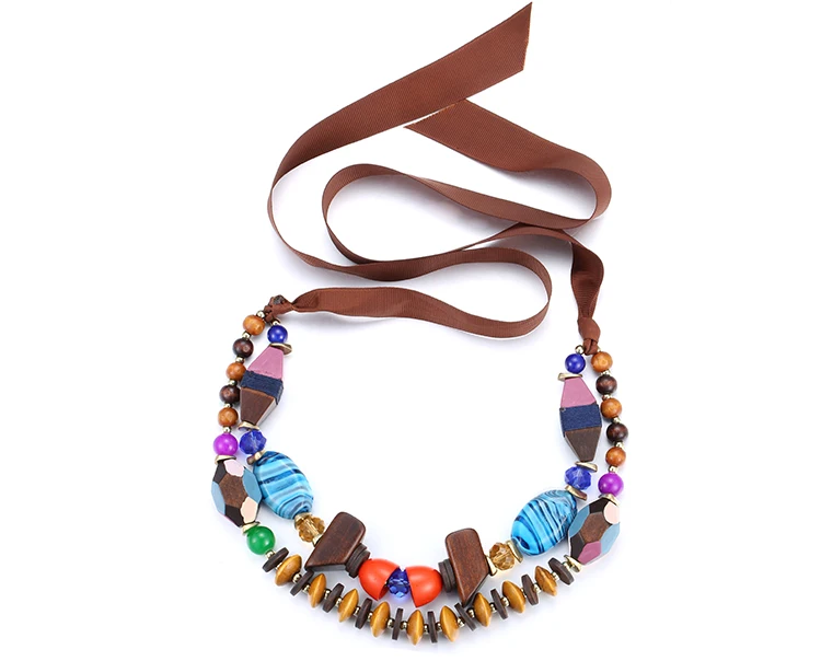 Colorful bead necklace multilayer rope necklaces for women wooden beaded resin adjustable handmade choker necklace eManco